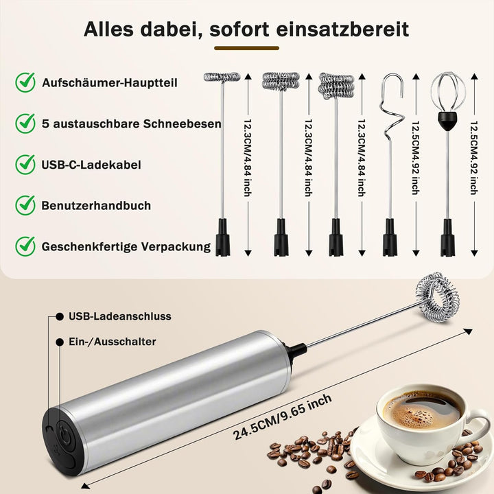 Milchschäumer Elektrisch USB-C mit 5 Wechselbaren Edelstahl-Schneebesen–2 Einstellbare Geschwindigke
