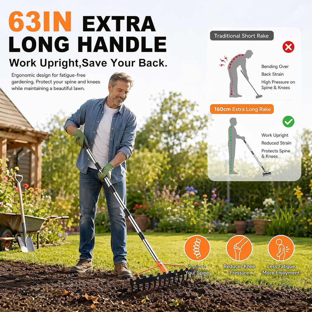 Gartenrechen, 1,6m Robuste Metall Gartenharke mit 17 Stahlzinken, Rasenharke zum Lockern von Boden u