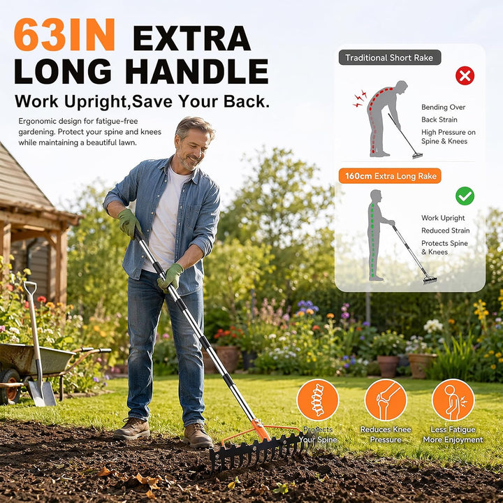 Gartenrechen, 1,6m Robuste Metall Gartenharke mit 17 Stahlzinken, Rasenharke zum Lockern von Boden u