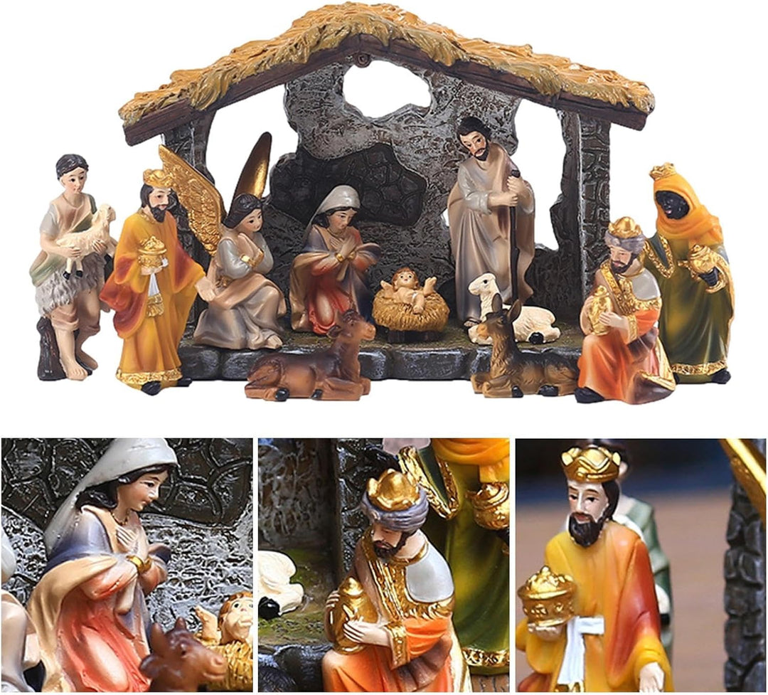 Weihnachtskrippe Komplettset, Weihnachtskrippe mit Figuren, Weihnachtsfiguren Krippe aus Kunstharz,