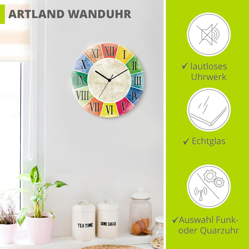 ARTLAND Wanduhr ohne Tickgeräusche Glas Funkuhr Ø 30 cm Rund Lautlos Römische Ziffern Zahlen Römisch