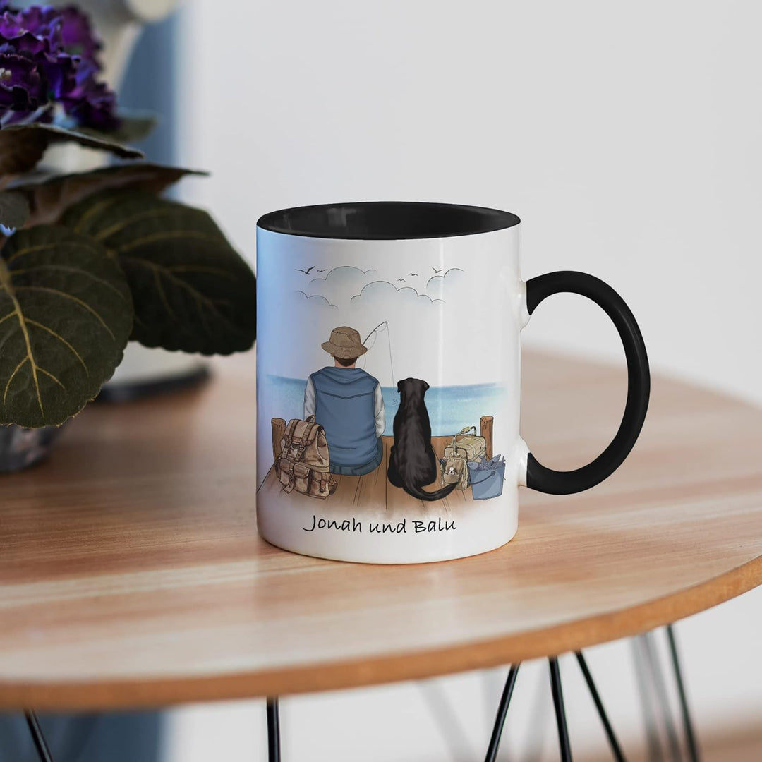 Angler & Hund Tasse Schwarz Personalisiert Individuell mit Name Angeln Fischen Geschenk Opa Vater zu