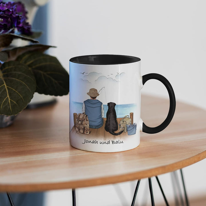 Angler & Hund Tasse Schwarz Personalisiert Individuell mit Name Angeln Fischen Geschenk Opa Vater zu