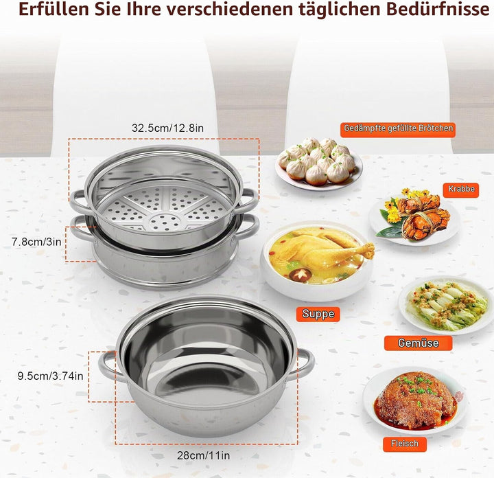Edelstahl Dampfgarer Dampfkocher Dampfkochtopf Kochtopf Set + Glasdeckel Mit Dampf GemüSe Und Kartof