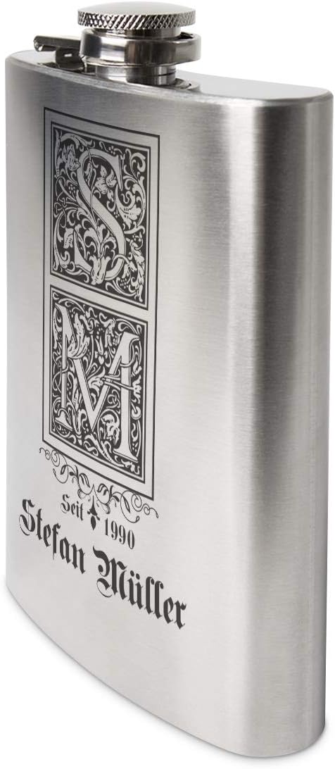 Edelstahl Flachmann 237 ml 8 oz Geschenk mit individueller Gravur - Verzierte Initialen, Verzierte I
