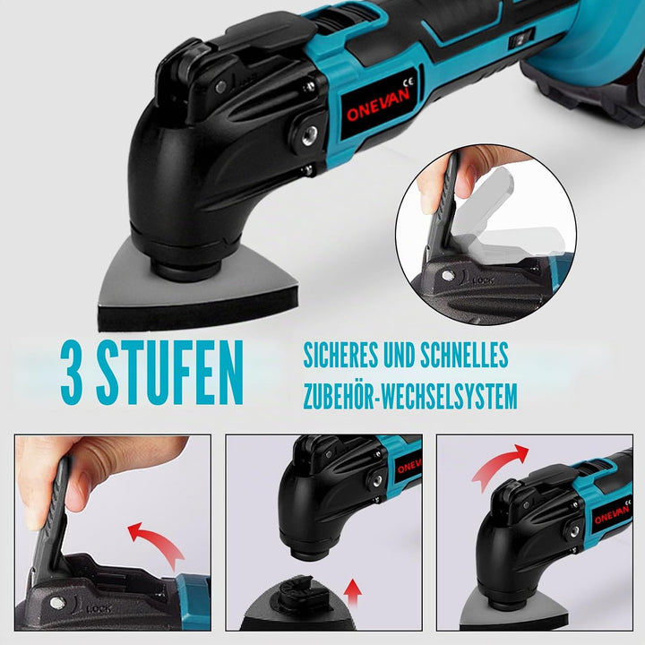 ONEVAN Akku Multifunktionswerkzeug, 2 * 4.0Ah Akkus, Multitool Oszillationswerkzeug, 22 Zubehör, 4°O