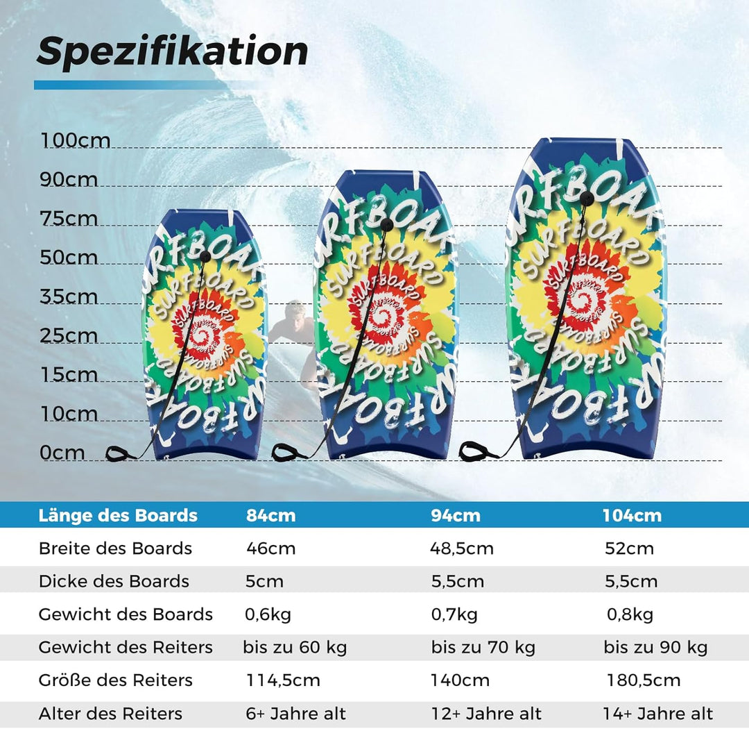 GYMAX Leichtes Bodyboard, Surfbrett mit EPS-Kern, XPE-Deck, HDPE-Unterseite, Halbmond-Heck & Handgel