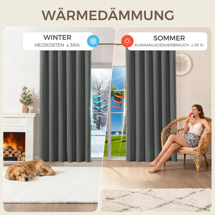 100% Verdunklungsvorhänge Thermovorhänge Kälteschutz Gardinen mit Kräuselband 175 x 140 cm (HxB) 2er