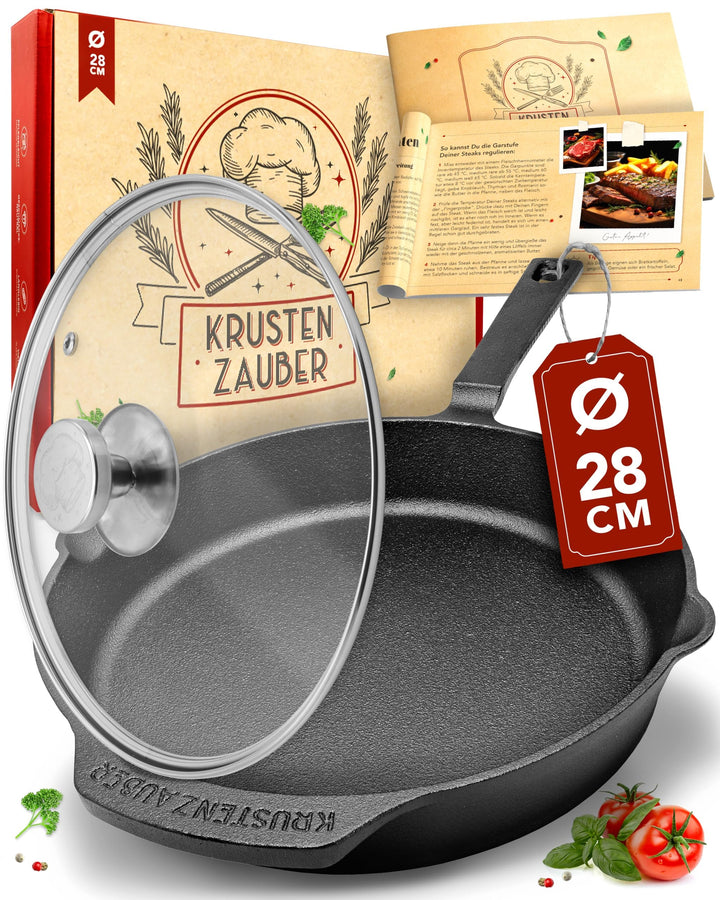 KRUSTENZAUBER 28cm Gusseisenpfanne Induktion Set - Voreingebrannte Gusseisen Pfanne - Ideale Grillpf