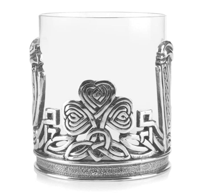 AE Williams Whiskyglas mit irischem keltischem Kleeblatt und Harfe aus Zinn Celtic Shamrock and Harp