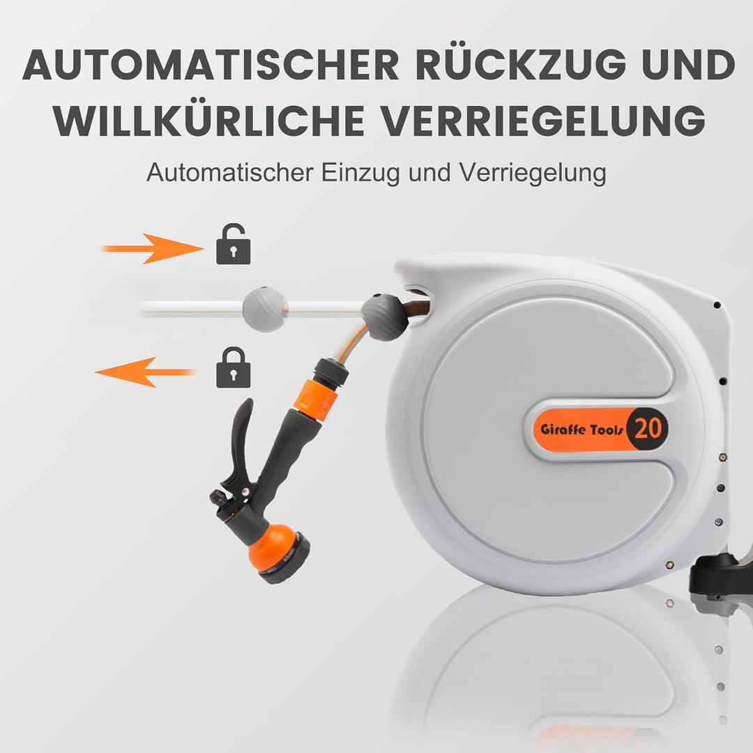 Giraffe Tools Automatische Schlauchtrommel 20m + 2m, Wandmontierbare Schlauch Trommel 180° Schwenkba