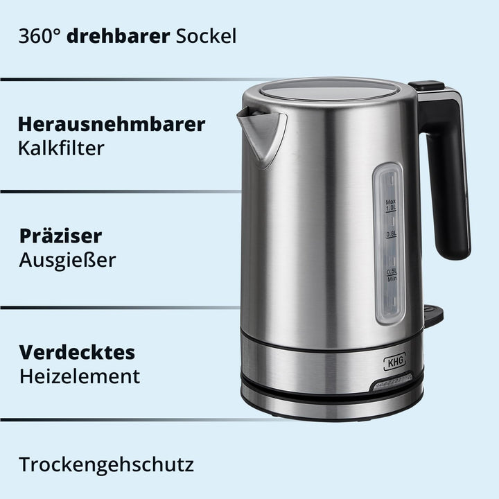 KHG Wasserkocher WK-105 ES Edelstahl, 1 Liter Kapazität | LED-Schaler, Kalkfilter, Wasserstandsanzei