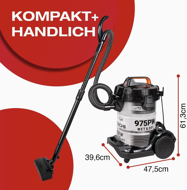 Hitachi CV-975PW Nass- und Trockensauger - 1600W Power, 30L Edelstahlbehälter - 25L Trocken- & 20L N