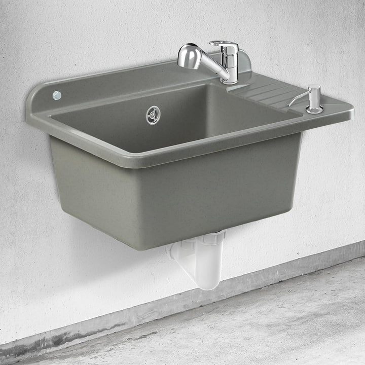 GOSPO Ausgussbecken aus Polypropylen, 50,5 x 34 x 26,5 cm, Spülbecken mit Armatur, Siphon, Seifenspe
