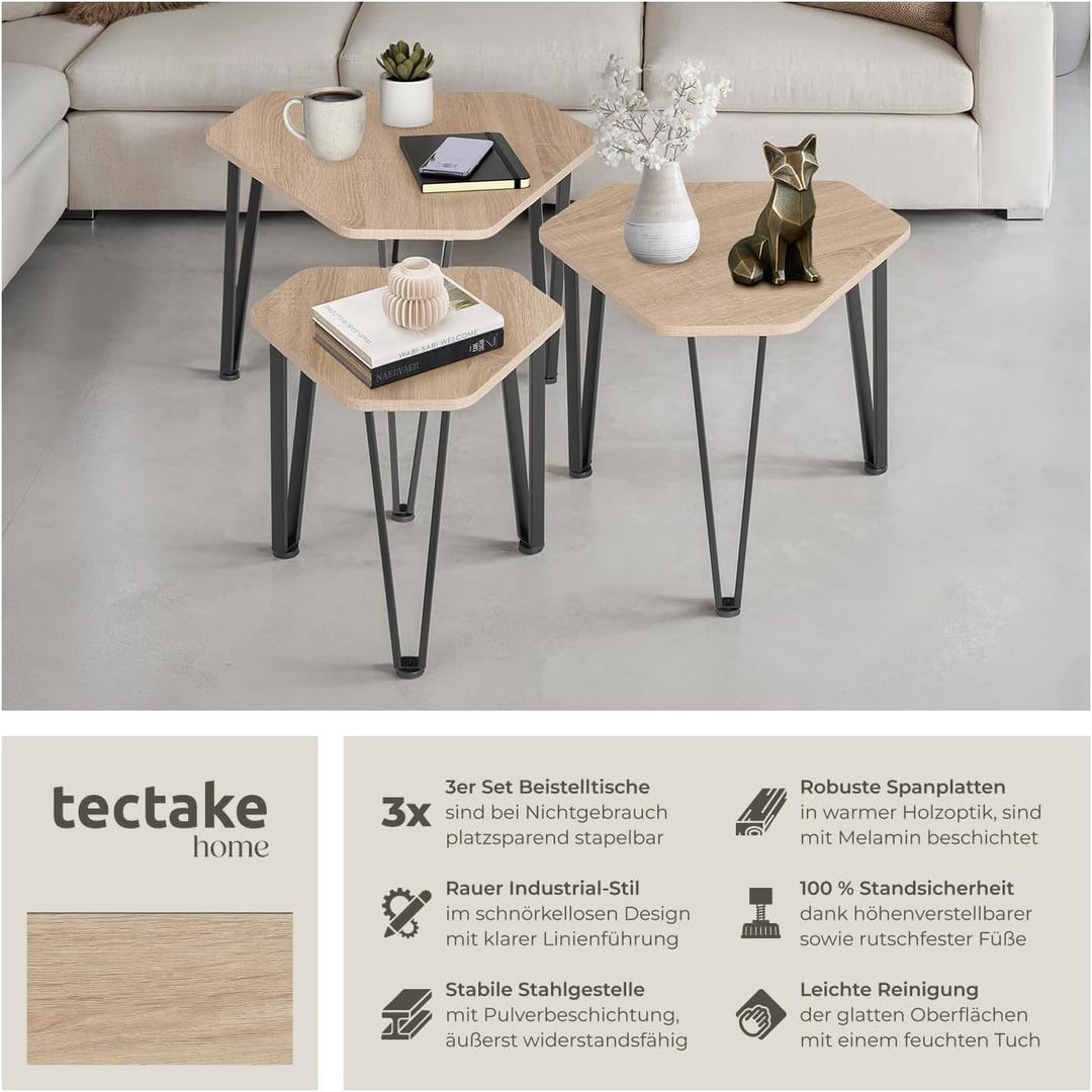tectake Beistelltisch 3er Set, sechseckiger Couchtisch in 3 Grössen, Industrie-Stil, Holz Satztische