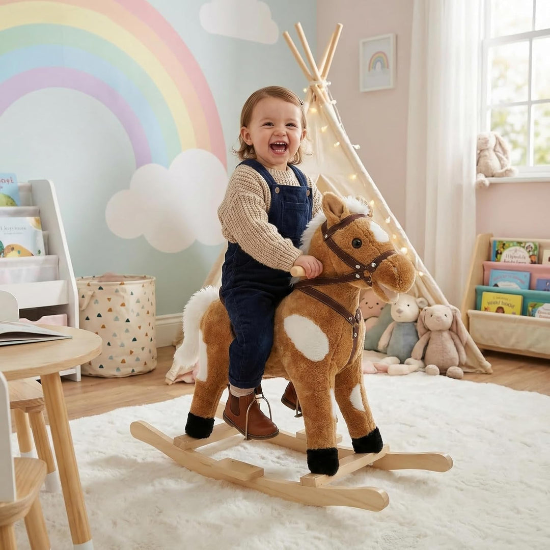 WOLTU Schaukelpferd für Babys, Spielzeug mit Tiergeräuschen und Haltegriffen, aus Plüsch und PP-Baum