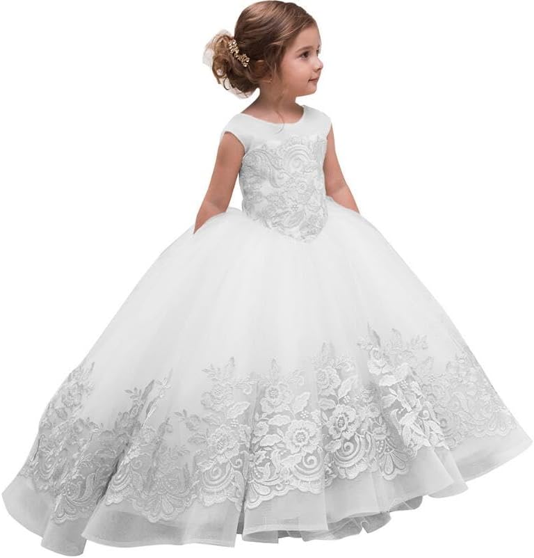 PLWEDDING Fancy Spitze Applikationen Blumenmädchen Kleid Kinder Hochzeitskleid Mädchen Prinzessin Tü