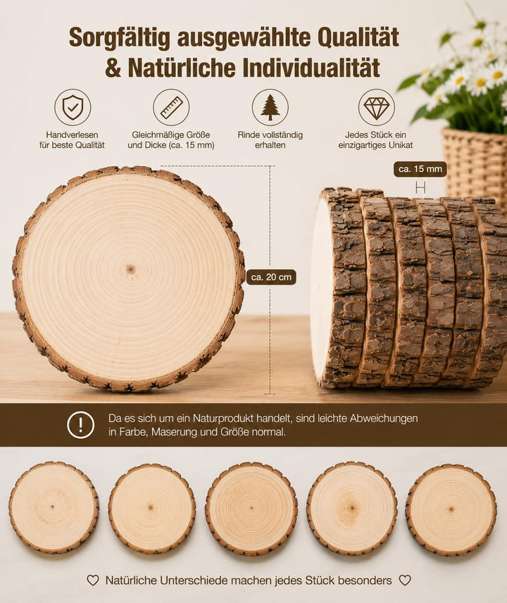 6er Set Holzscheiben 20 cm Durchmesser,Baumscheiben Naturholz mit Rinde,Runde Holzscheiben zum Baste
