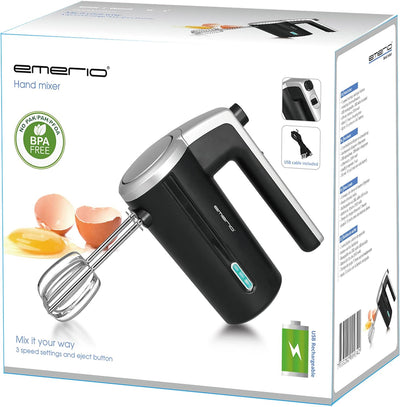 EMERIO kabelloser Akku Handmixer / -rührer - 2 Rührstäbe - 3 Geschwindigkeiten - 2000mAh/7,4V - BPA