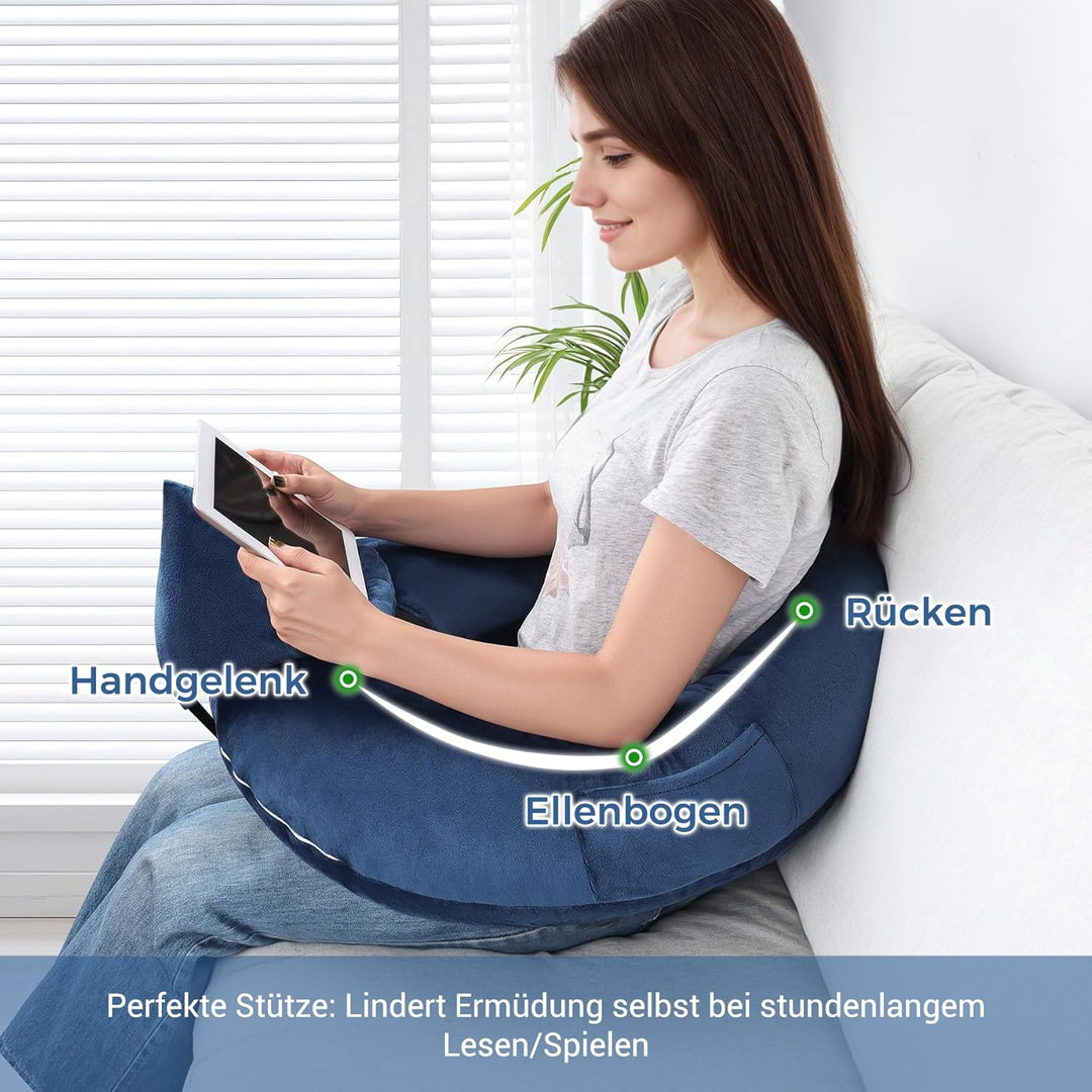 Lesekissen für Gaming, Armlehne Unterstützung Bücherkissen, U-förmiges Lap Kissen mit Seitentasche z