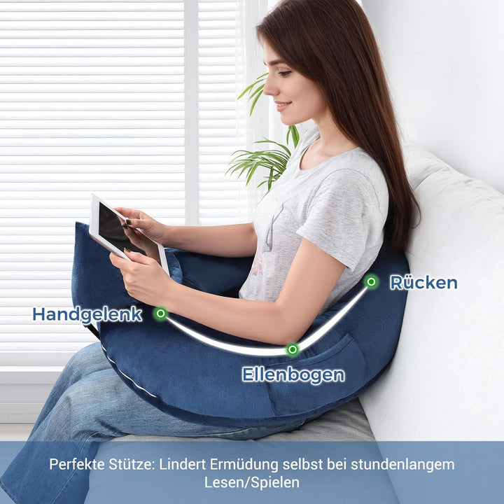 Lesekissen für Gaming, Armlehne Unterstützung Bücherkissen, U-förmiges Lap Kissen mit Seitentasche z