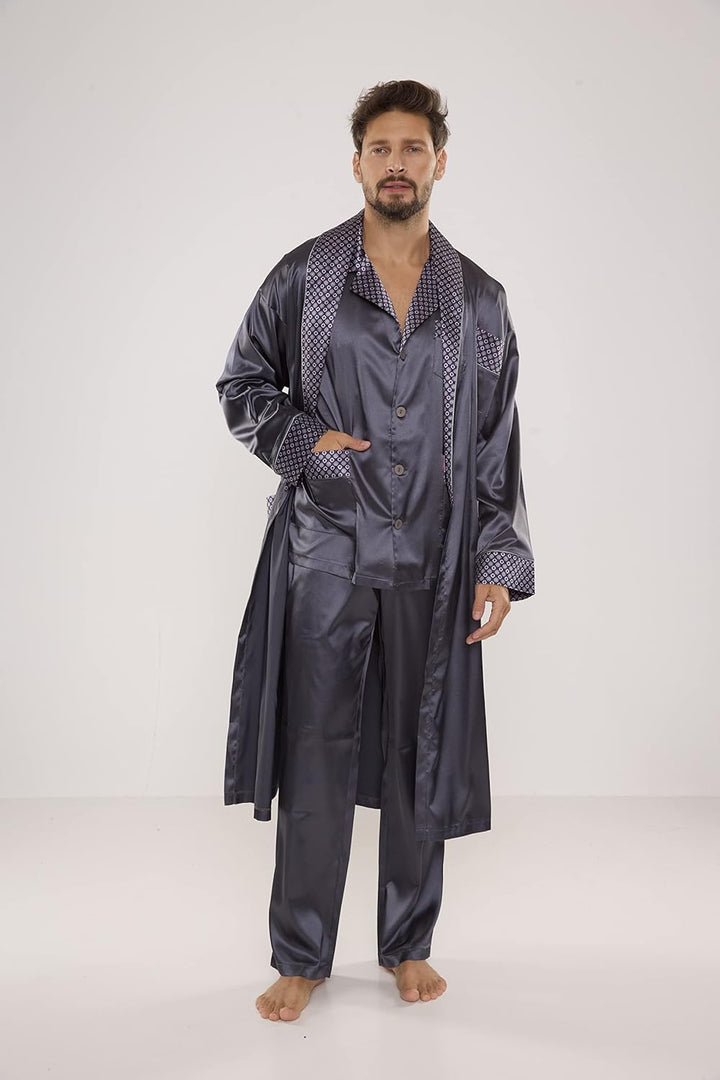FOREX Lingerie edler und hochwertiger Satin-Bademantel Herren-Mantel im tollen Design XL Grau, XL Gr