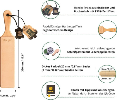 BACHER Premium Leder Streichriemen Abziehleder für Messer set mit 4 x 7g Polierpaste. Paddelgriff au