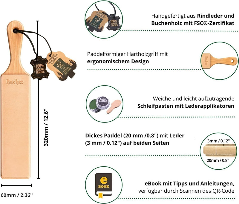 BACHER Premium Leder Streichriemen Abziehleder für Messer set mit 4 x 7g Polierpaste. Paddelgriff au