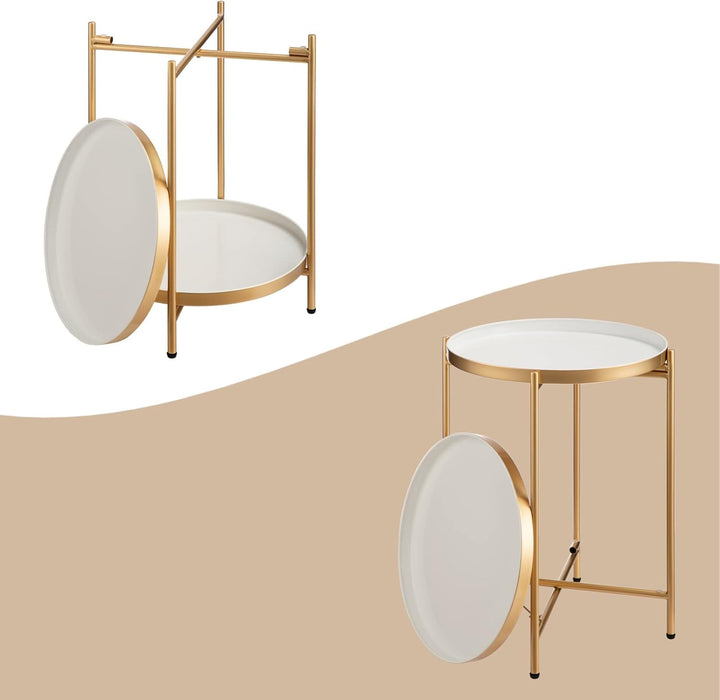 HollyHOME Runder Beistelltisch, 2 Ebenen Beistelltisch Metalltablett, Snacktisch, Couchtisch, Teetis