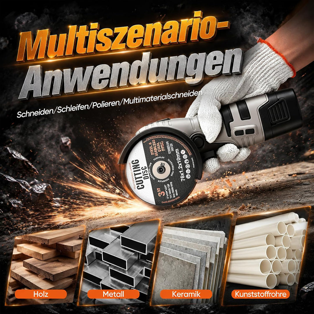 Mini Winkelschleifer Akku, 28500 U/min Bürstenloser Motor, 3 Zoll/76mm Akkuflex mit 2x 2000mAh Akkus