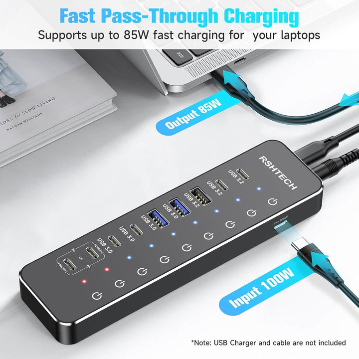 RSHTECH 10 Ports USB C Hub mit Netzteil - 3 USB 3.2 Gen 2 (2 Type C*1 Type A), 4 USB 3.0 (2 Typ C*2