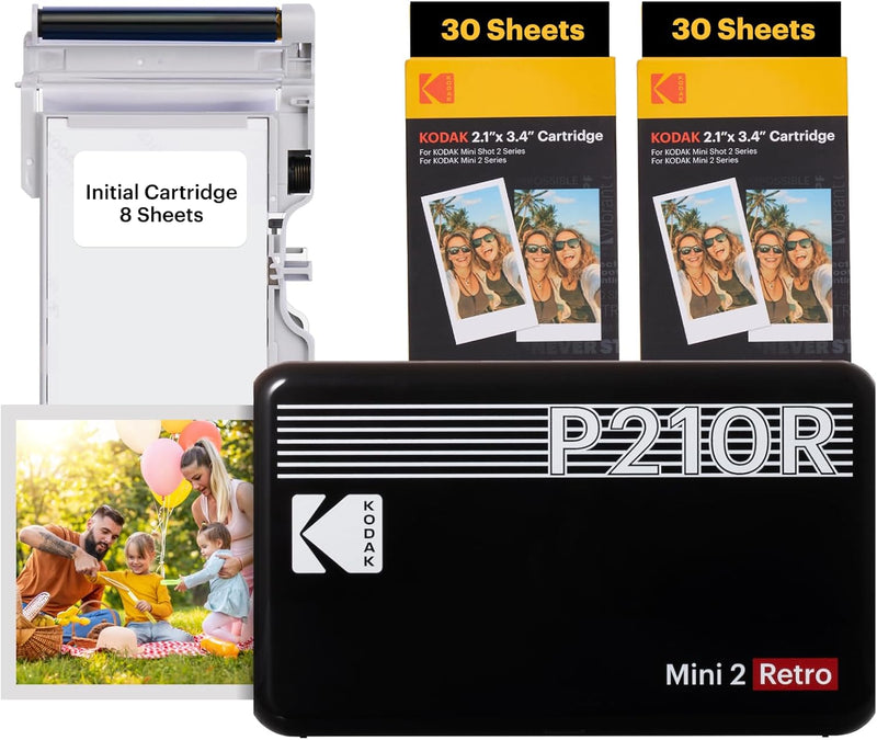 KODAK Mini 2 Retro 4PASS Mobiler Fotodrucker (5,3x8,6cm) - Paket met 68 Blatts, Schwarz Drucker + 68