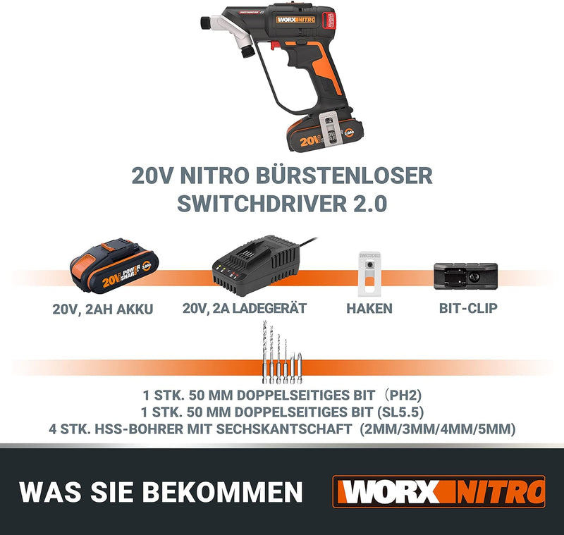 WORX WX177 NITRO Akku-Bohrschrauber Switchdriver 2.0 20V – starker bürstenloser Motor bis 50Nm Drehm