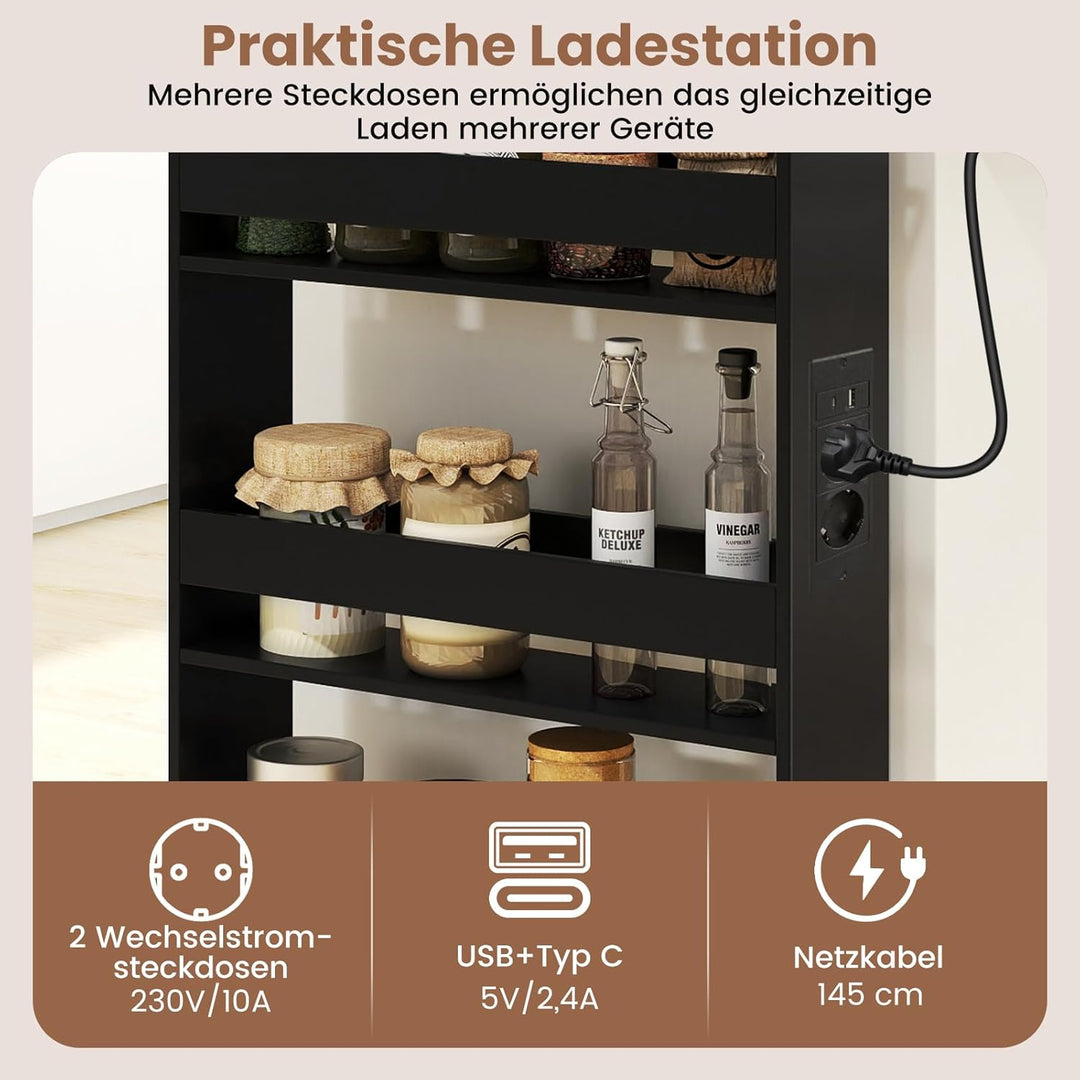 COSTWAY Nischenwagen 13cm breit, 4 Etagen Küchenwagen schmal mit Ladestation, Nischenregal auf Rolle