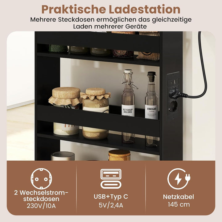 COSTWAY Nischenwagen 13cm breit, 4 Etagen Küchenwagen schmal mit Ladestation, Nischenregal auf Rolle