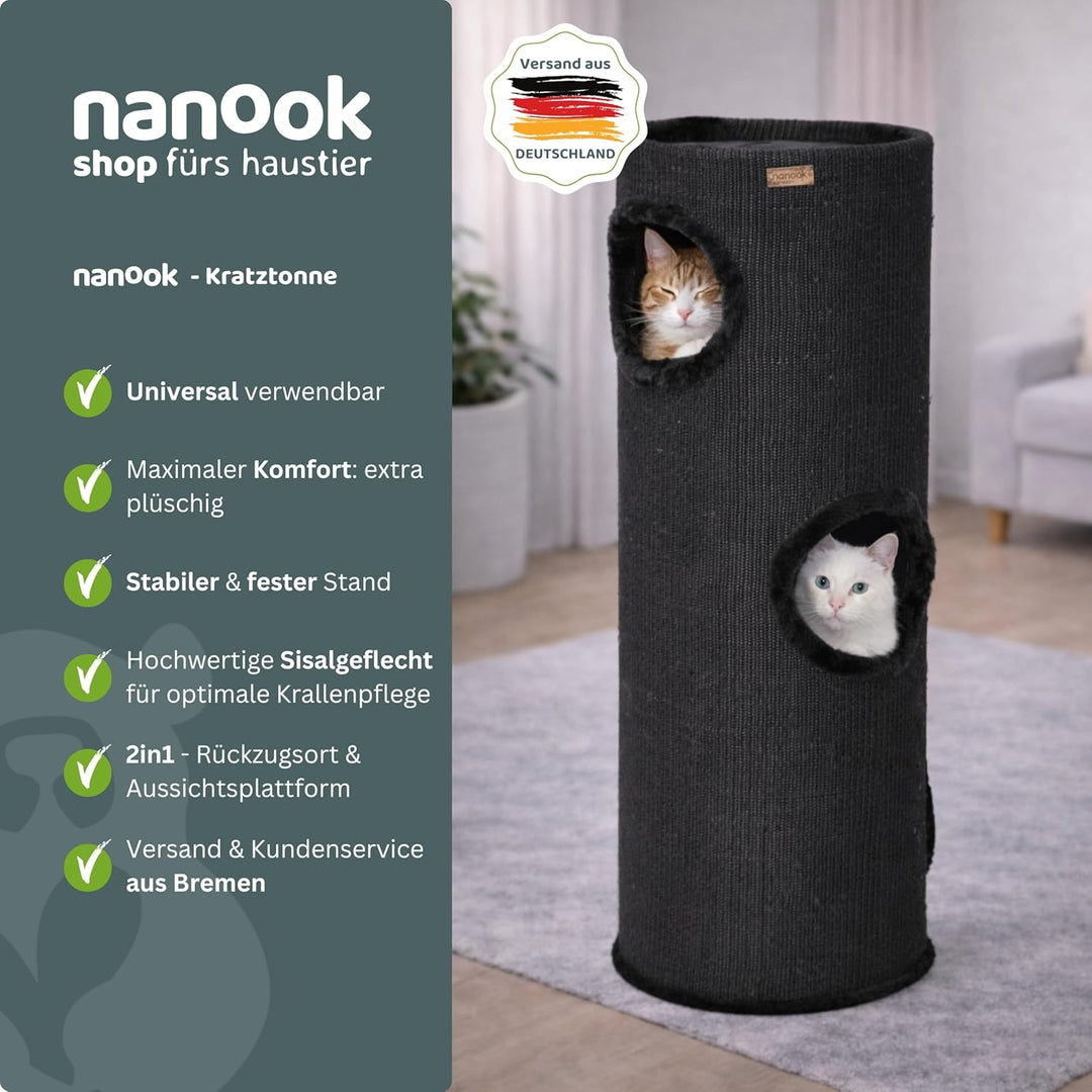nanook Kratztonne Kratzbaum Oskar - Spieltonne für Katzen XXL mit 3 Höhlen und Spielball - Höhe 100
