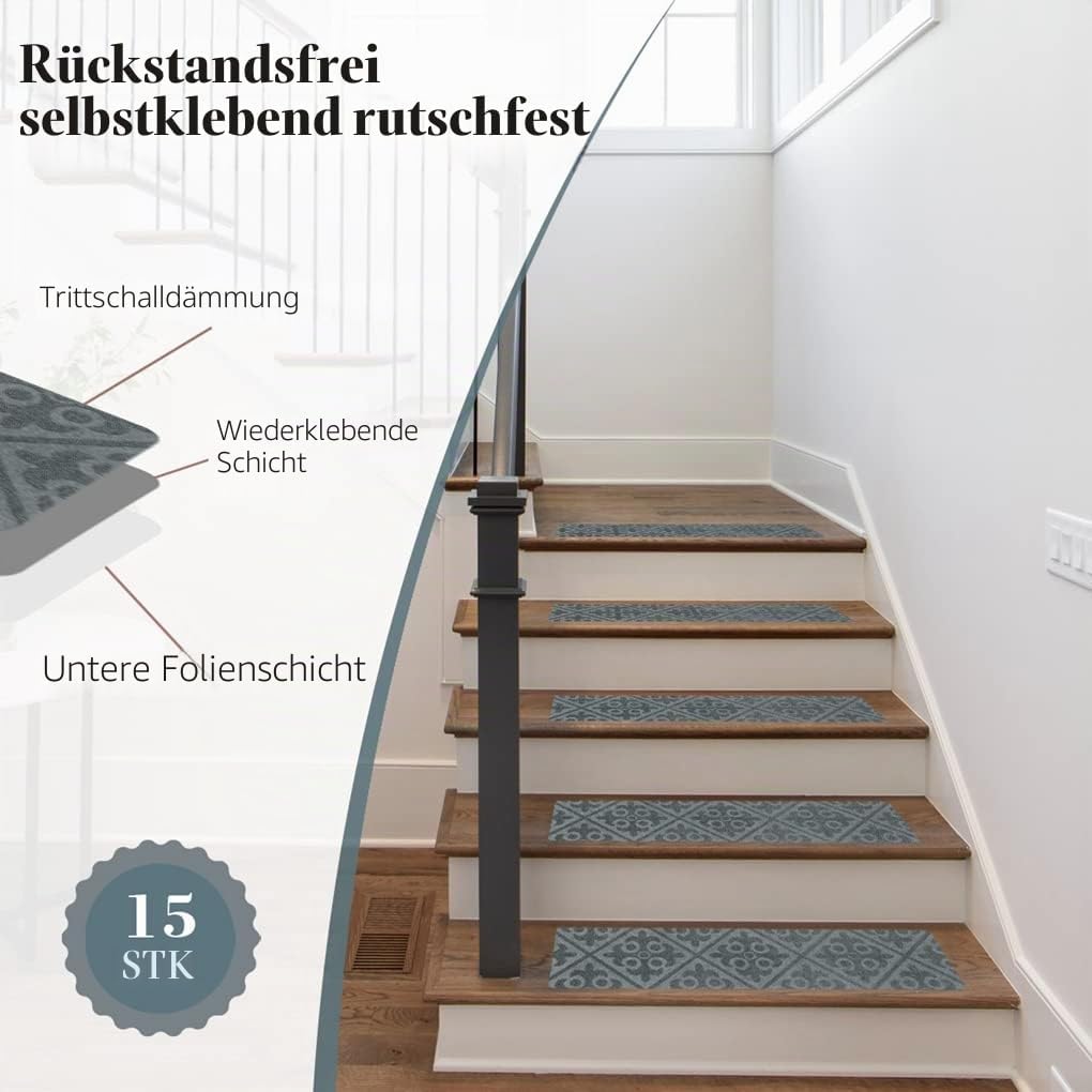 Arthome Teppich Treppenstufen Anti Rutsch Treppenteppich Teppiche 15 packen 20x76cm für Holztreppen,