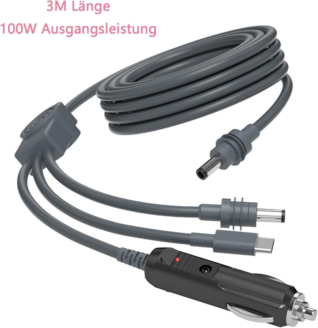 3 in 1 Autoladegerät mit USB C auf DC, 3M, 100W, Type C/D-C/Autoladegerät zu DC Ersatzkabel, Mehrere