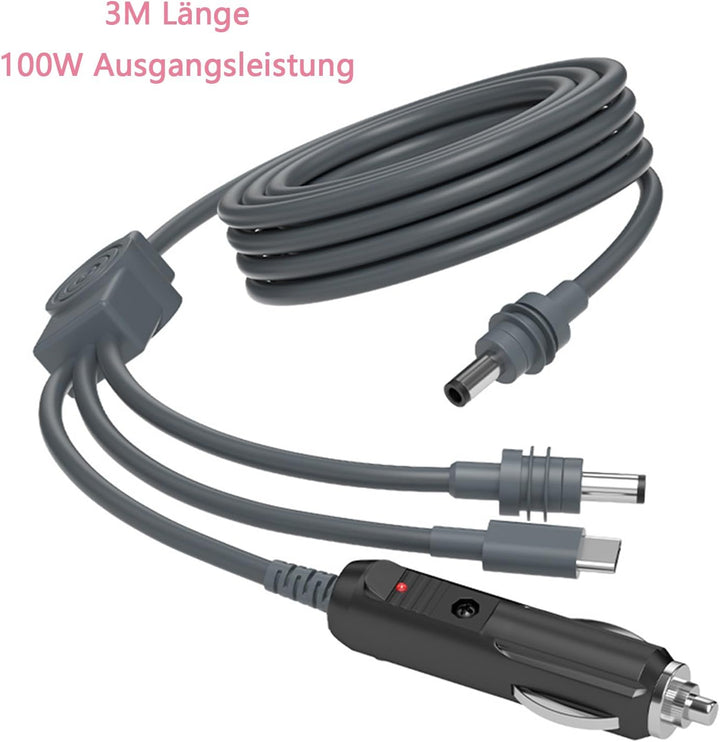 3 in 1 Autoladegerät mit USB C auf DC, 3M, 100W, Type C/D-C/Autoladegerät zu DC Ersatzkabel, Mehrere