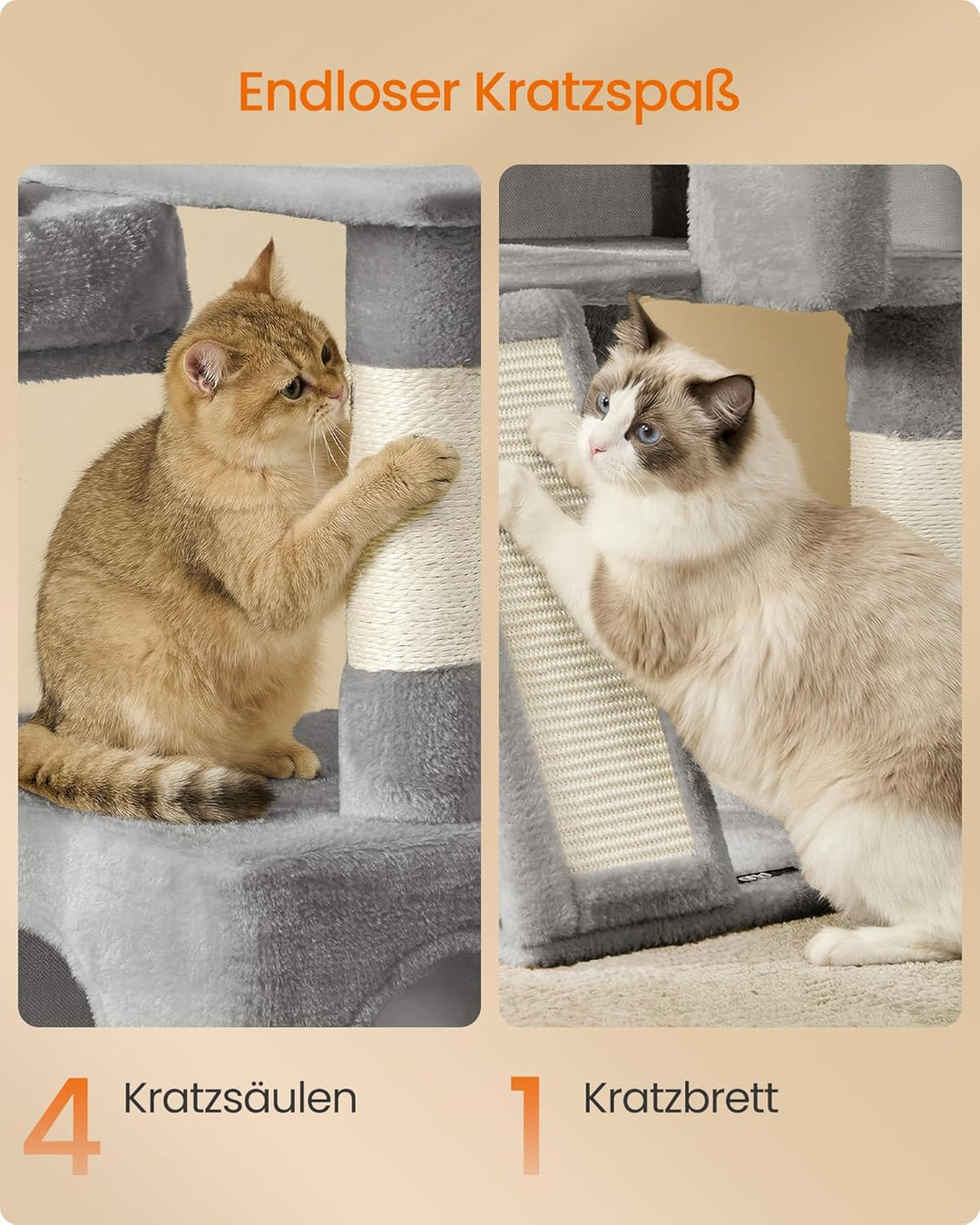 Feandrea Kratzbaum, 136 cm hoch, Katzenbaum, mehrstöckiges Katzenhaus, mit 4 Kratzsäulen, 3 Plattfor