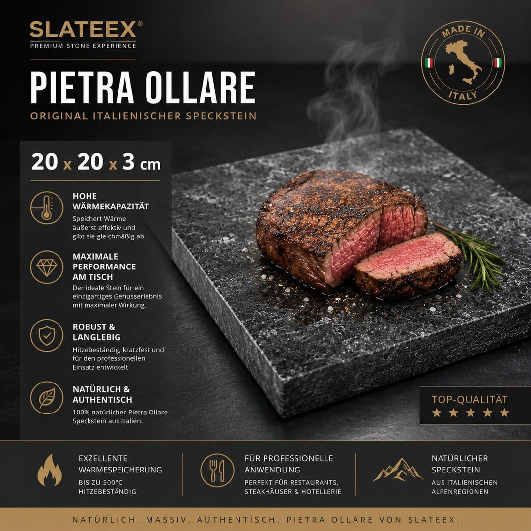 Schwarzer Naturstein-Grillstein aus Pietra Ollare Speckstein, 20×20×3 cm – Polierte Hot-Stone-Platte