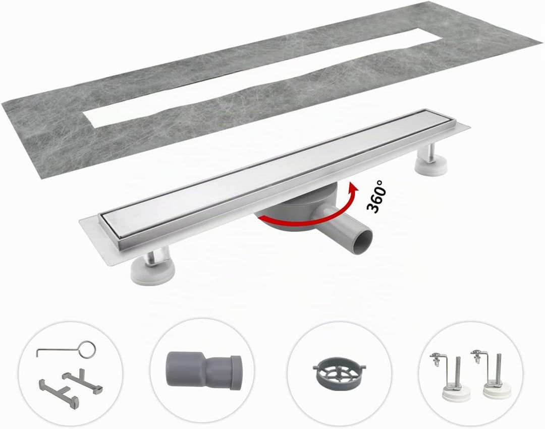Duschrinne 50 cm, Befliesbar Duschrinne extra flach, Edelstahl Bodenablauf Komplettset mit 360°Sipho