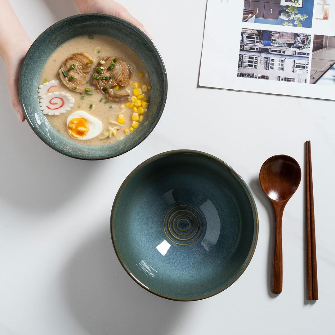2X Ramen Bowl Ceramic - 1200ml - 20 cm - With Spoon and Chopsticks for Ramen Soup Pho Udon Asian Noo