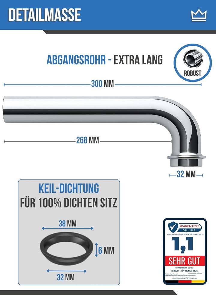 FEINER® Edelstahl Siphon-Wandrohr 90°Bogen, Extra Lang – 1 1/4 Zoll (⌀ 32 mm) x 300 mm, universell p