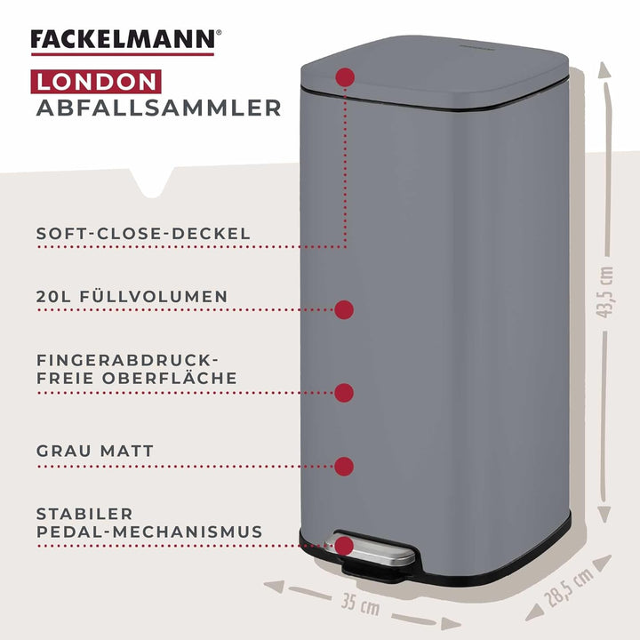 FACKELMANN LONDON Pedal-Abfallsammler 20L – Stilvolles Design in Dunkelgrau, Mit gedämpftem Deckel u