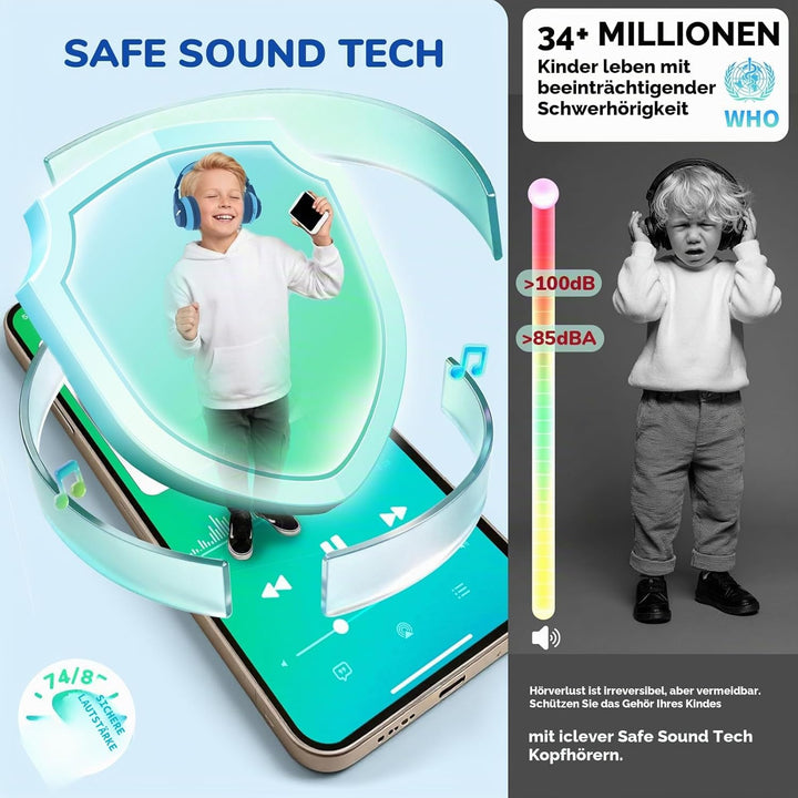 iClever Bluetooth Kinder Kopfhörer, Farbige LED-Leuchten, Kinderkopfhörer Over-Ear mit 74/85/94dB La