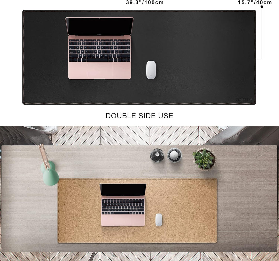 MAIDERN Schreibtischunterlage 100x40cm, Kork & PU-Leder Zweiseitig Tischunterlage,Extra Grosse Mausp