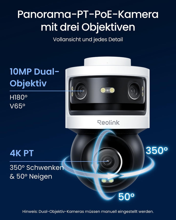 Reolink Dreifachobjektiv PoE Sicherheitskamera für den Aussenbereich, 10MP 180° Panorama & 4K PT mit