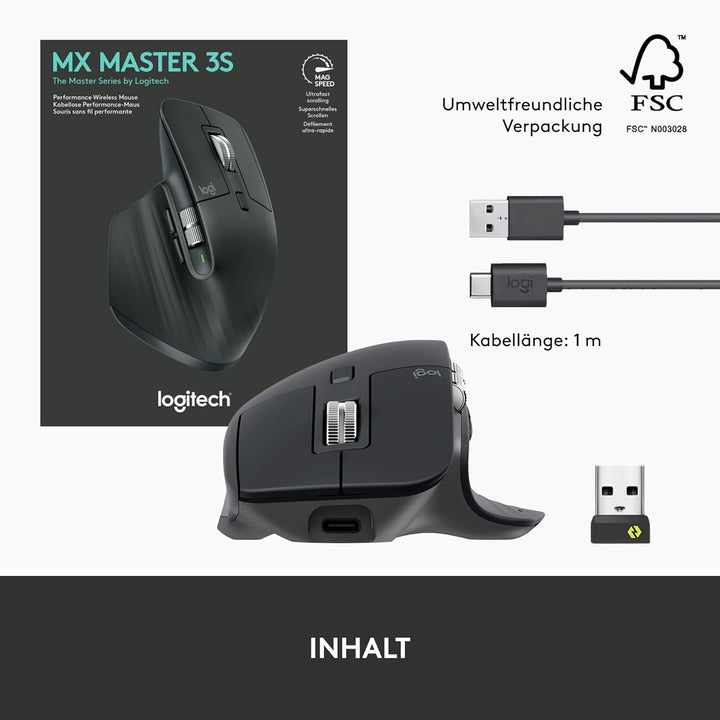 Logitech MX Master 3S – kabellose Performance-Maus mit ultraschnellem Scrollen, ergonomisch, 8K DPI,