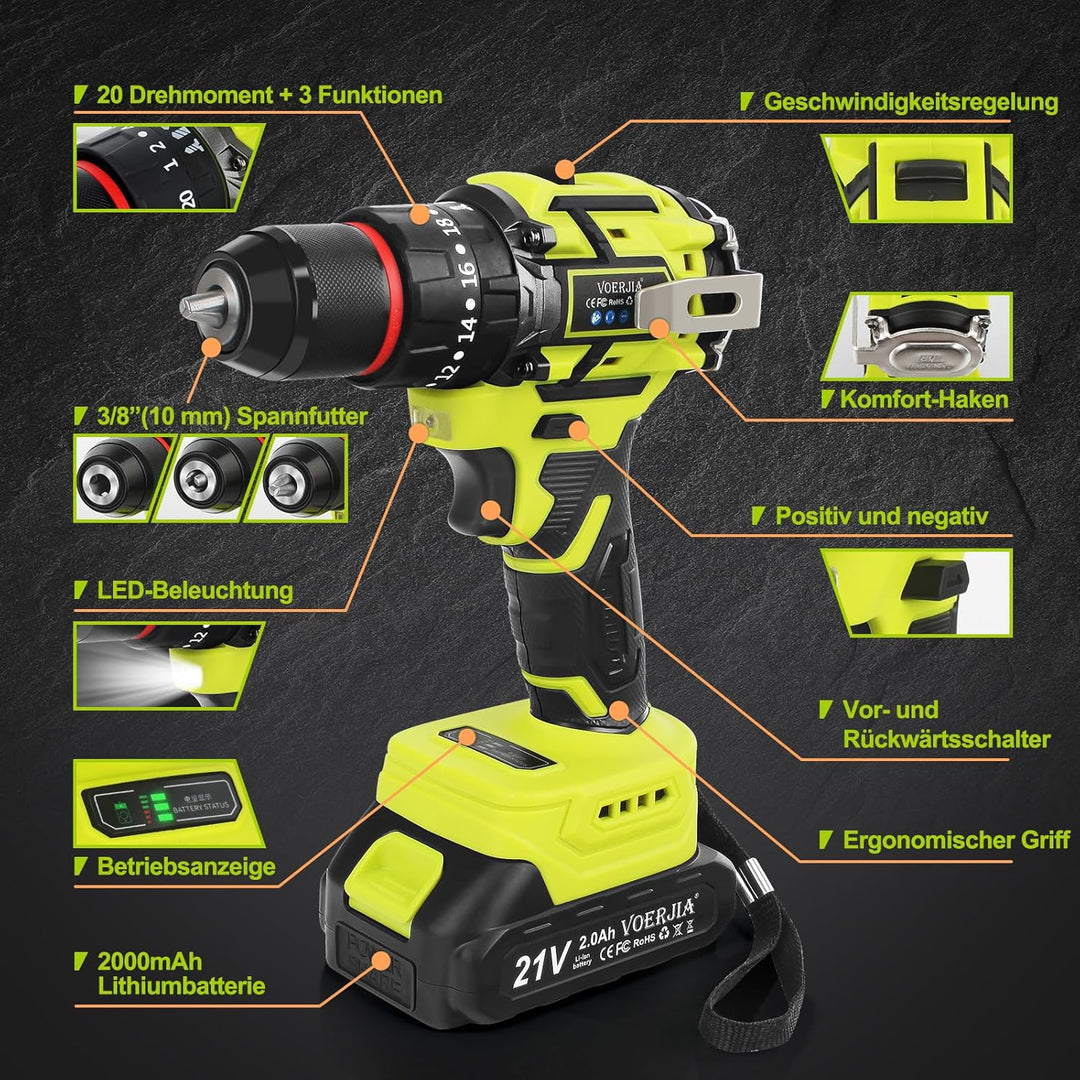21V Akkuschrauber Set, Bürstenlose Akku bohrhammer mit 2*2000 mAh Akku, 3/8" Bohrfutter, 20+3 Drehmo